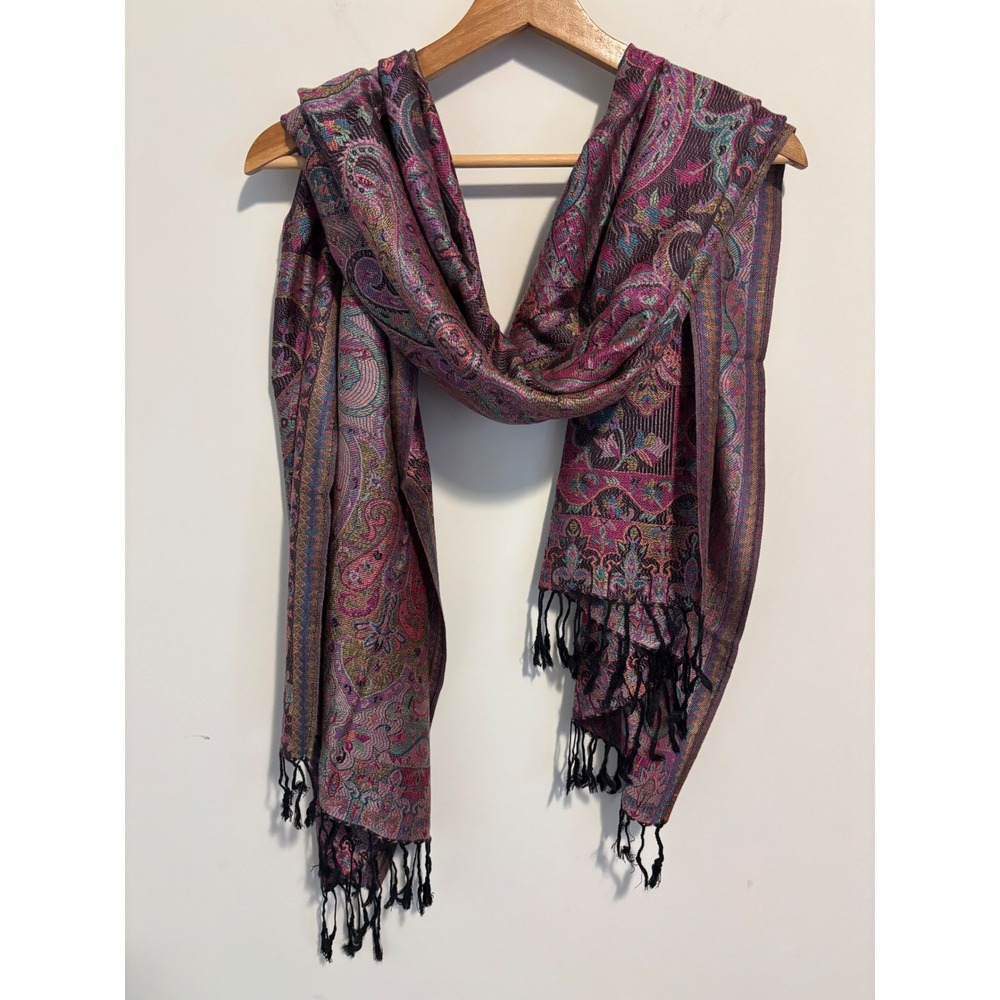 Pashmina 100% Pashmina Scarf Magenta Purple Paisley Floral Fringed Shawl Wrap